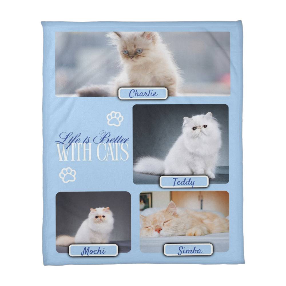 Personalized Multi-Cat Photo Blanket - Custom Cat Collage Fleece Blanket - 2-5 Cats Names & Photos