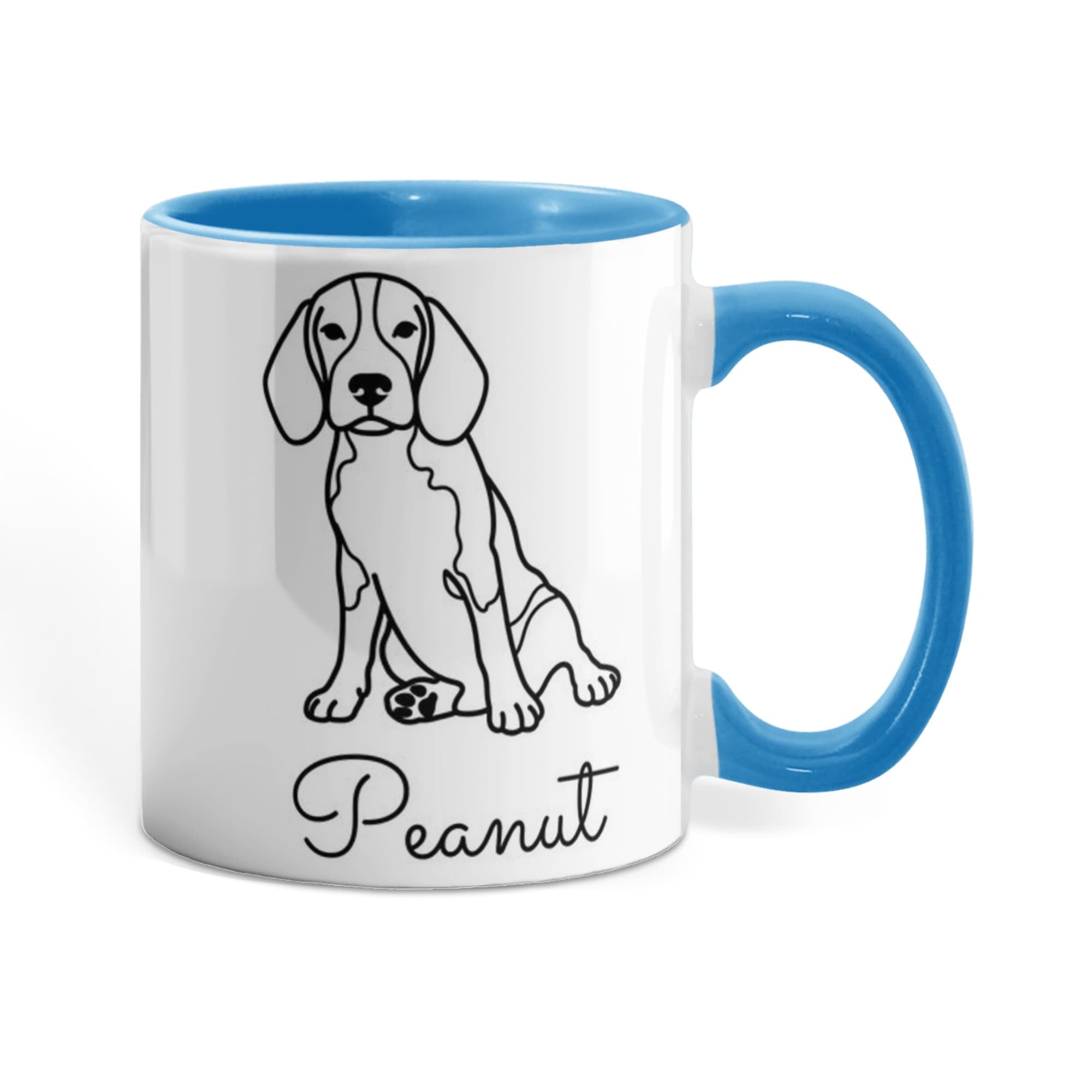 Mug with a dog illustration and 'Peanut' text on a white background
