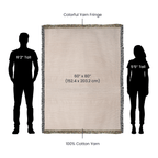 Beige woven blanket with colorful yarn fringe, dimensions, and material details shown on a white background.