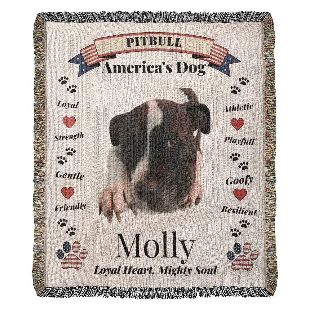 Pitbull-themed blanket with text and a dog's face, featuring the name 'Molly'.Personalize your favorite picture of your Pitte on this custom woven blanket with their name.