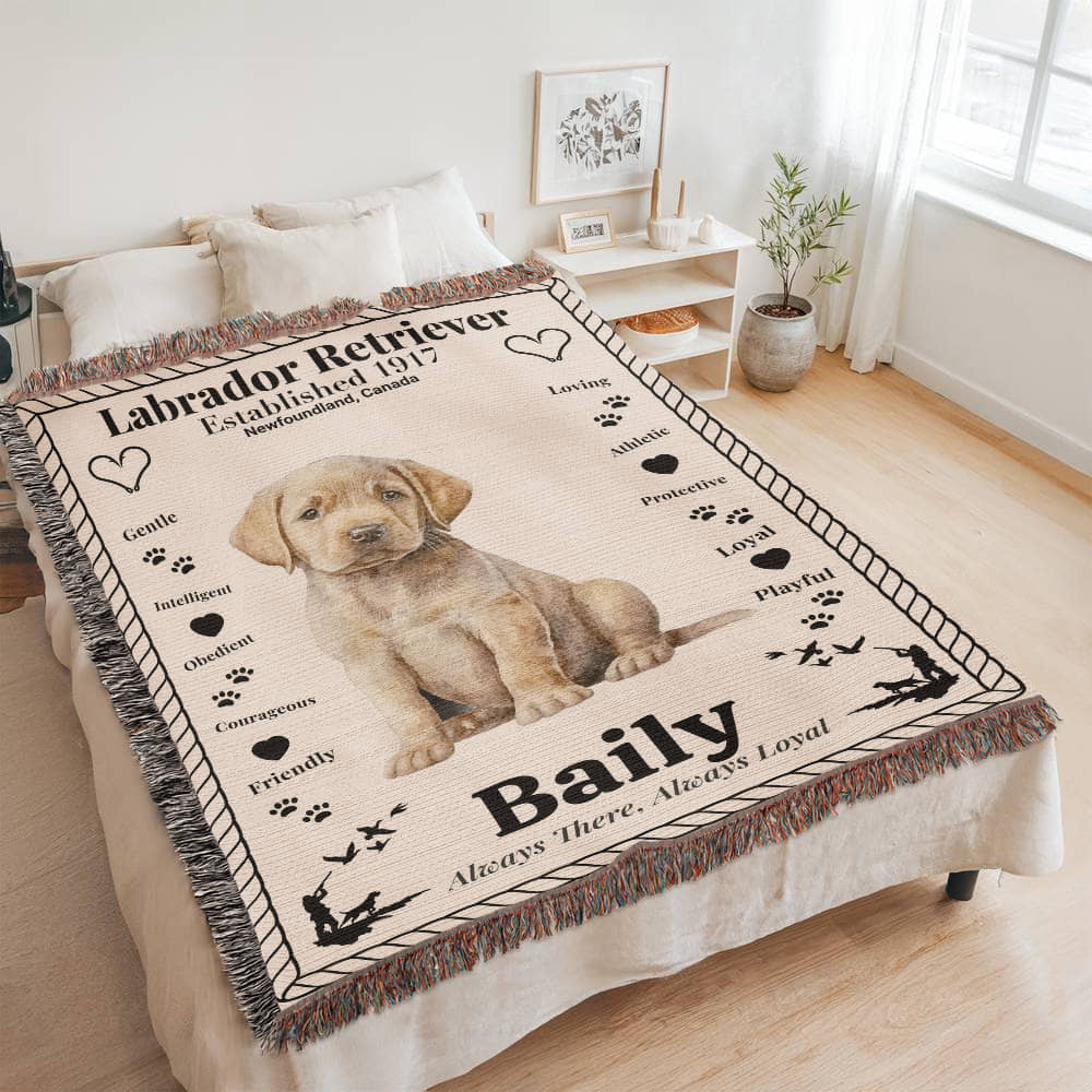 Woven Blanket with a Labrador Retriever design and text on a bed in a room.  Personalized with name and photo of dog.