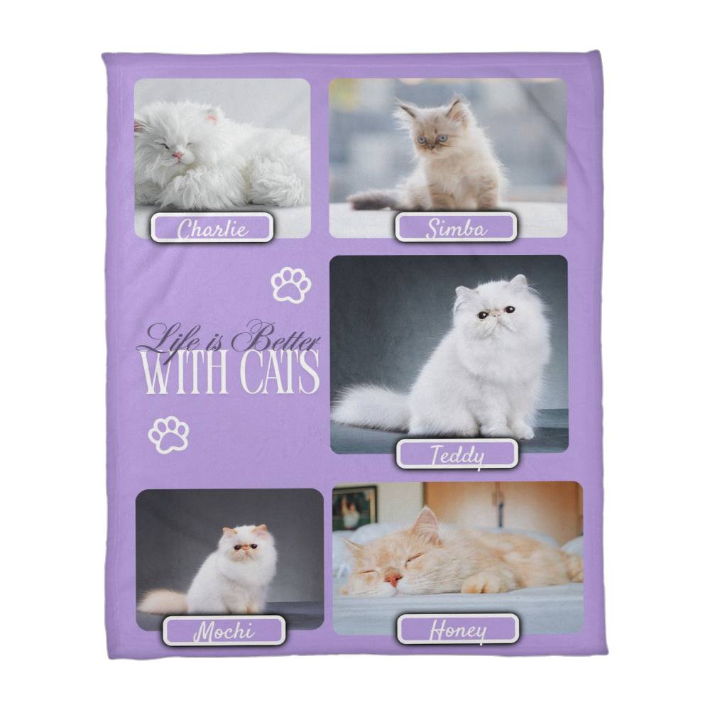 Personalized Multi-Cat Photo Blanket - Custom Cat Collage Fleece Blanket - 2-5 Cats Names & Photos