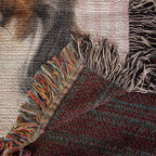 Close-up of a textured fabric with colorful fringes on a neutral background
