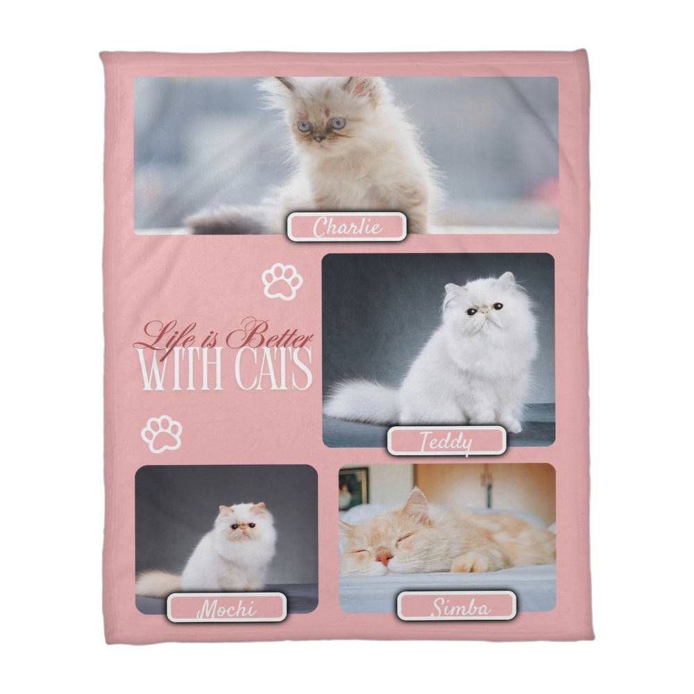 🐾 Personalized Multi-Cat Photo Blanket | Custom Cat Fleece Blanket | 2-5 Cats Names & Photos