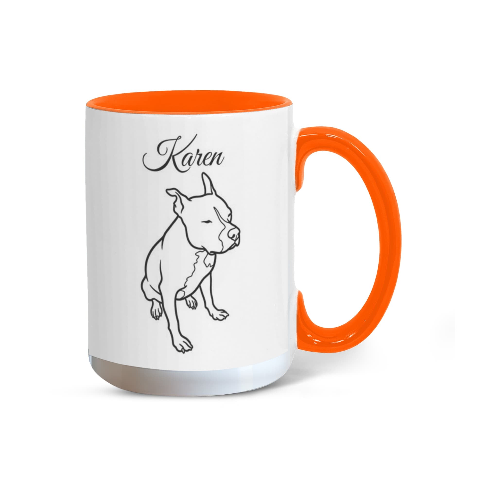 Mug with orange interior and handle featuring a dog illustration and the name 'Karen'.