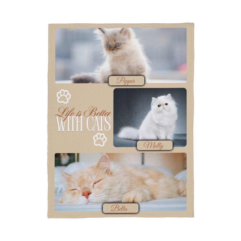 Personalized Multi-Cat Photo Blanket - Custom Cat Collage Fleece Blanket - 2-5 Cats Names & Photos