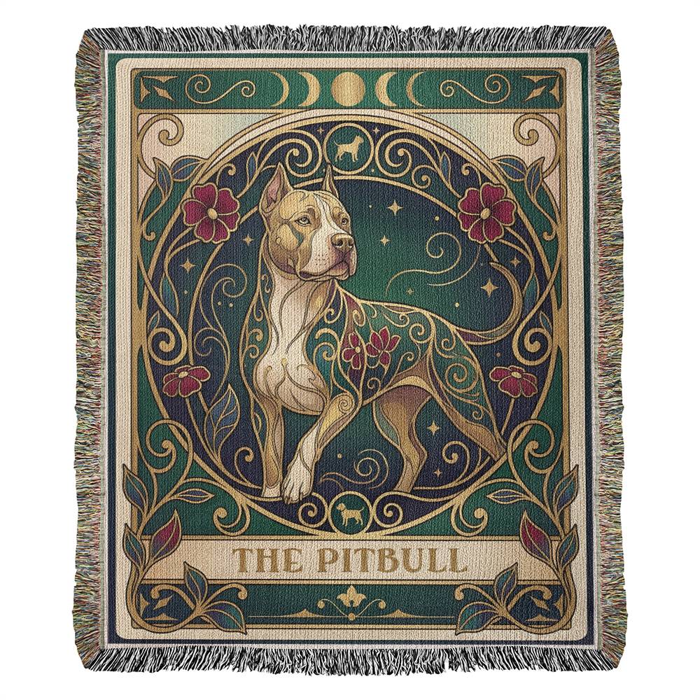Decorative woven blanket with a tarot card Pitbull design and decorative border on a white background