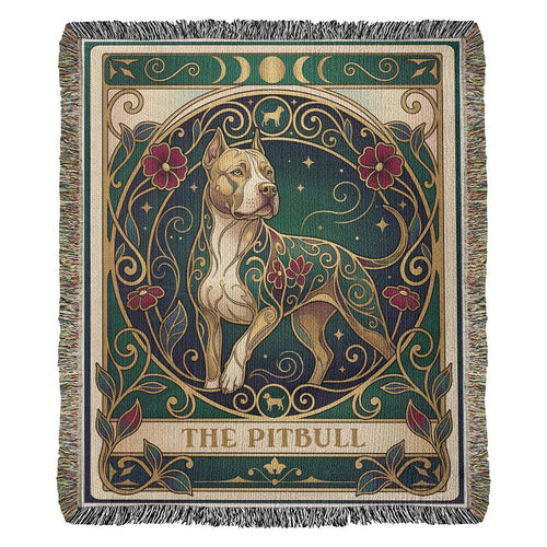 Decorative woven blanket with a tarot card Pitbull design and decorative border on a white background