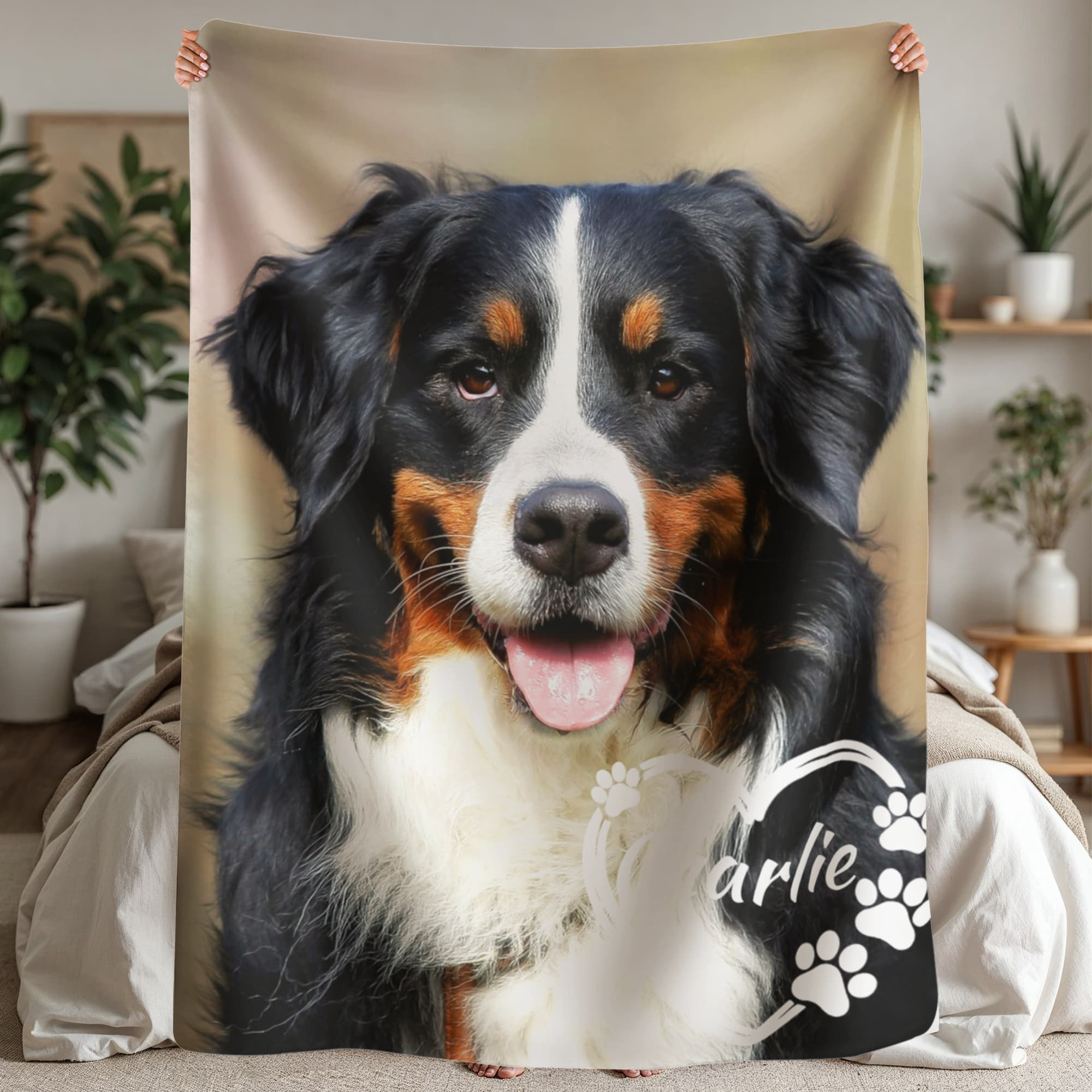Blanket with a dog's face printed on it, held up in a room with plants and furniture.