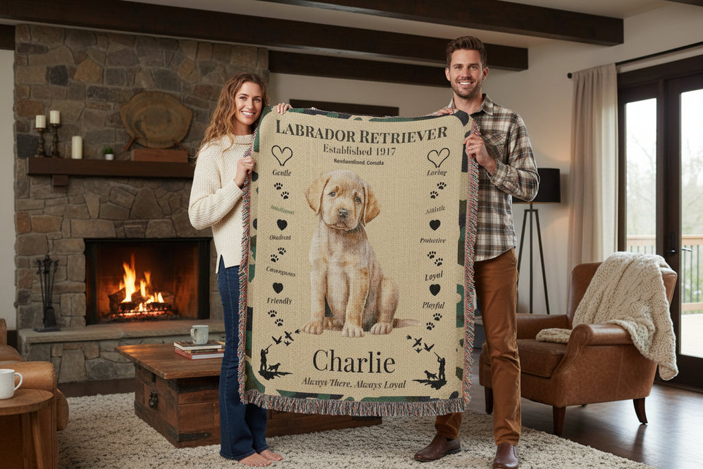 Two people holding a blanket with a Labrador Retriever design and text. Personalize your woven blanket with your favorite picture of your Lab and their name.