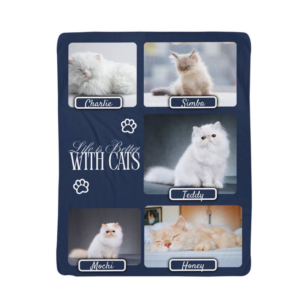 Blanket with images of cats named Charlie, Simba, Teddy, Mochi, and Honey, with text 'Life is Better With Cats'.