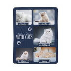 Blanket with images of cats named Charlie, Simba, Teddy, Mochi, and Honey, with text 'Life is Better With Cats'.