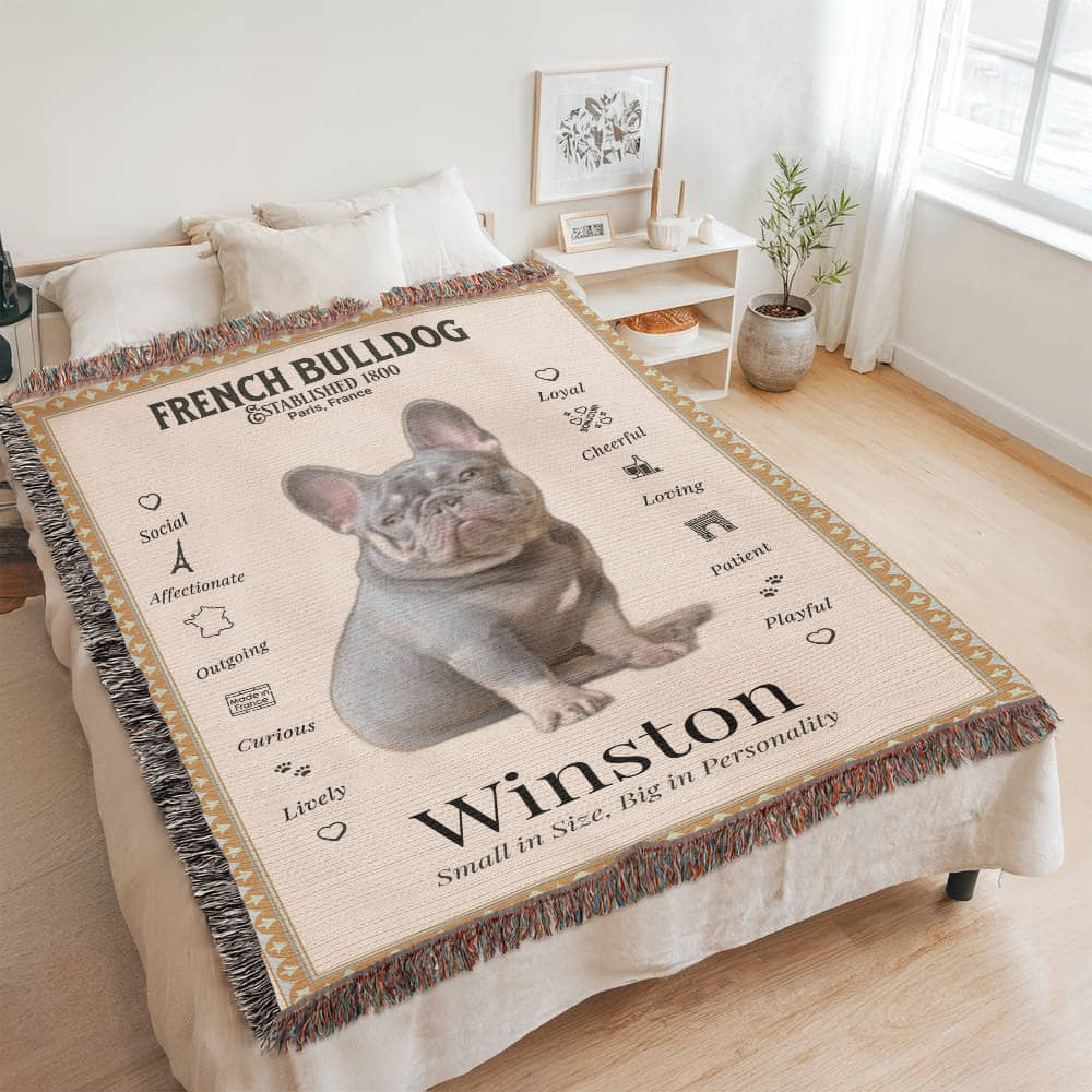 🐾 My Little Buddie Heirloom Woven Blanket – French Bulldog Edition - Gold Frame