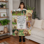 Person holding a blanket with a collage of photos and text in a living room.
