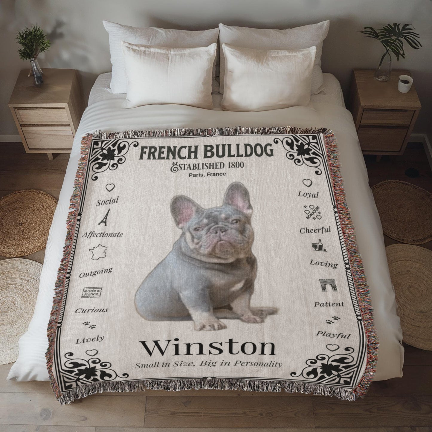 🐾 My Little Buddie Heirloom Woven Blanket – French Bulldog Edition - Art Deco