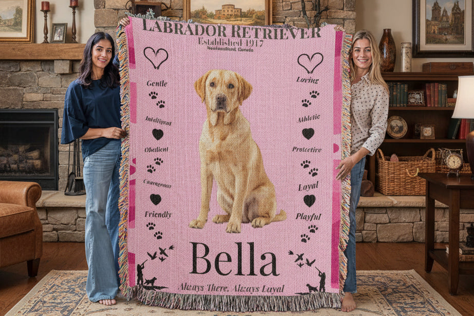 Two women holding a pink Labrador Retriever-themed blanket with the name 'Bella' on a wooden floor.Personalize your woven blanket with your favorite Labrador's photo and Name.