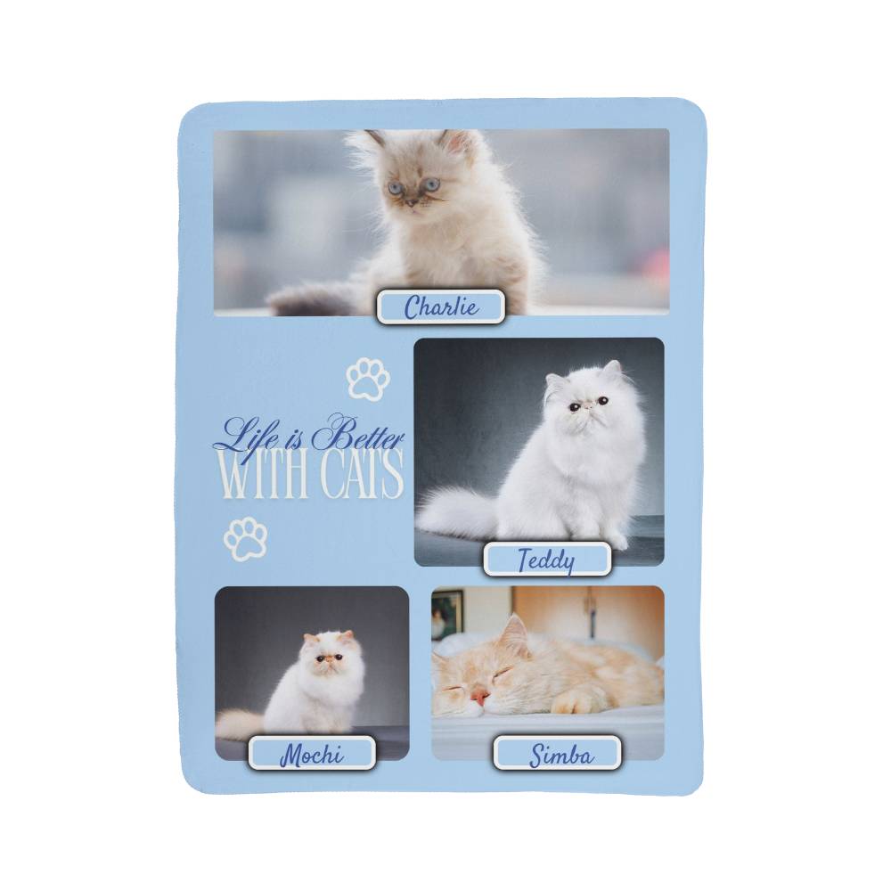 Card with four cat images and 'Life is Better With Cats' text on a light blue background