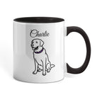 White mug with black interior and handle, featuring a drawing of a dog and the name 'Charlie'.