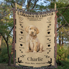 Blanket with a Labrador Retriever design and text in a forest setting.Personalize your woven blanket with your favorite picture of your Lab and their name.