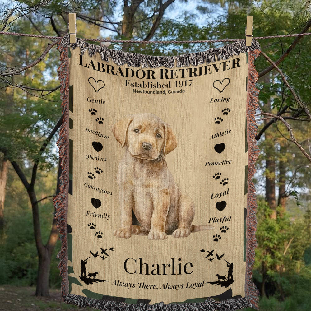 Blanket with a Labrador Retriever design and text in a forest setting.Personalize your woven blanket with your favorite picture of your Lab and their name.