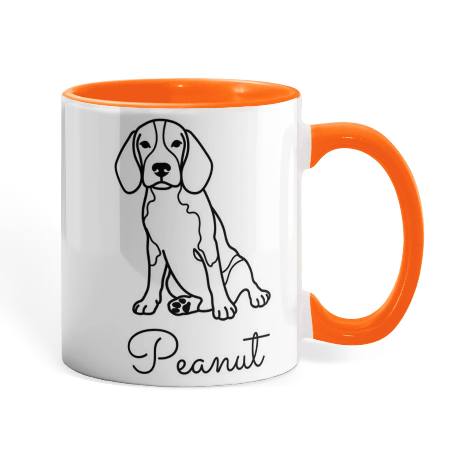 Mug with a dog illustration and 'Peanut' text, orange interior and handle on a white background