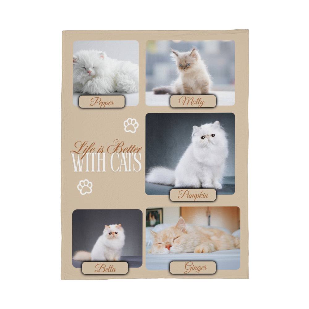 Personalized Multi-Cat Photo Blanket - Custom Cat Collage Fleece Blanket - 2-5 Cats Names & Photos