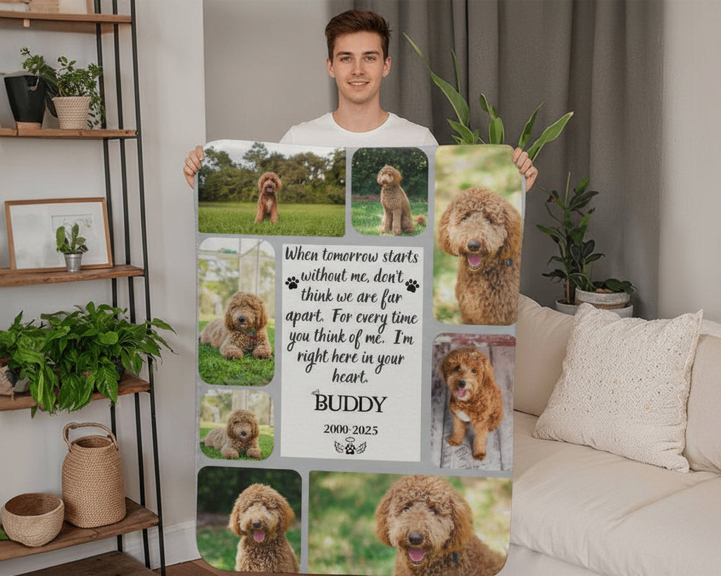 Person holding a blanket with a collage of photos and text in a living room.