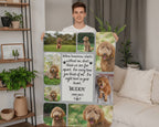 Person holding a blanket with a collage of photos and text in a living room.