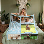 Woman holding a blanket with images of dogs and their names in a bedroom setting.