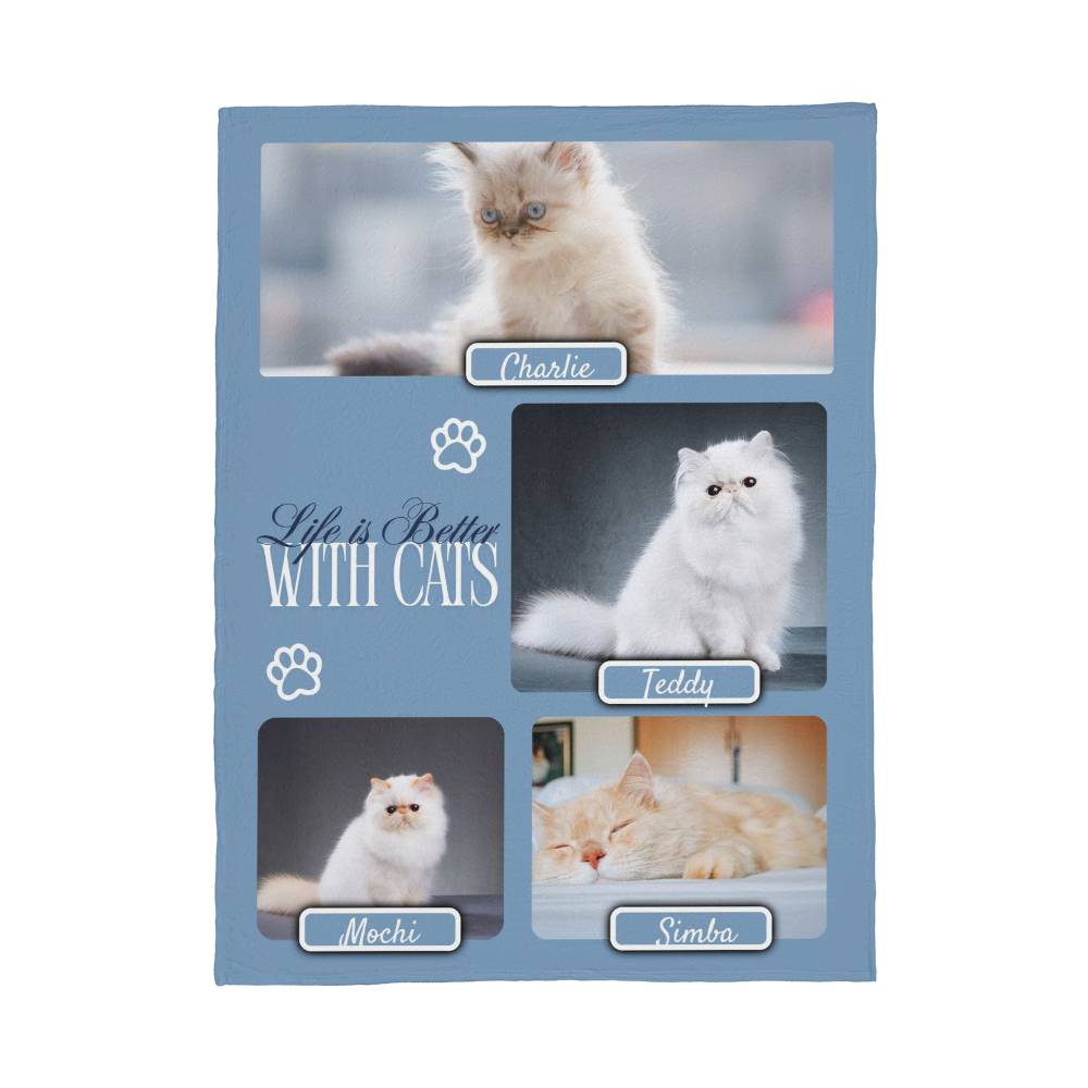 Personalized Multi-Cat Photo Blanket - Custom Cat Collage Fleece Blanket - 2-5 Cats Names & Photos