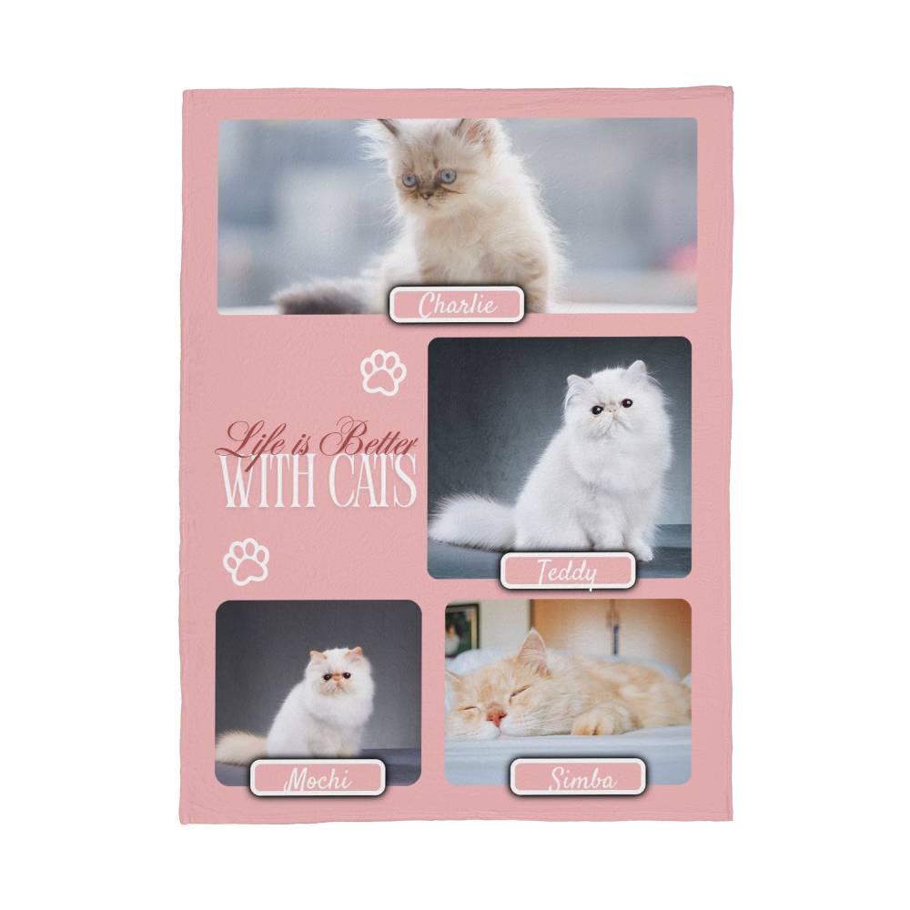 Personalized Multi-Cat Photo Blanket - Custom Cat Collage Fleece Blanket - 2-5 Cats Names & Photos