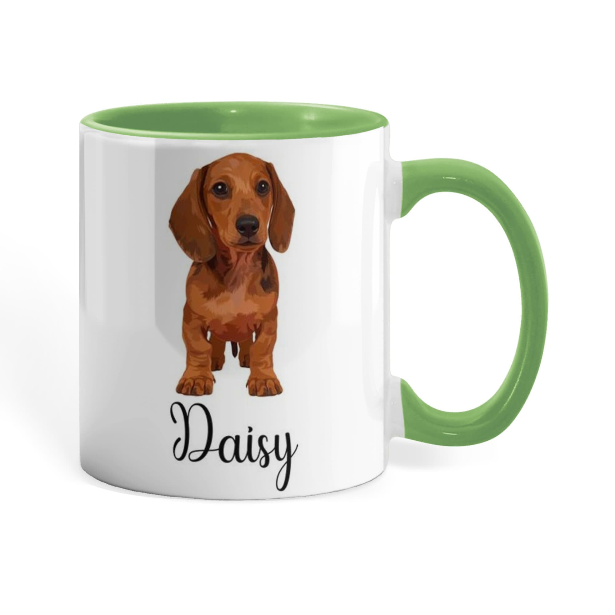 Mug with a dachshund illustration and 'Daisy' text on a white background