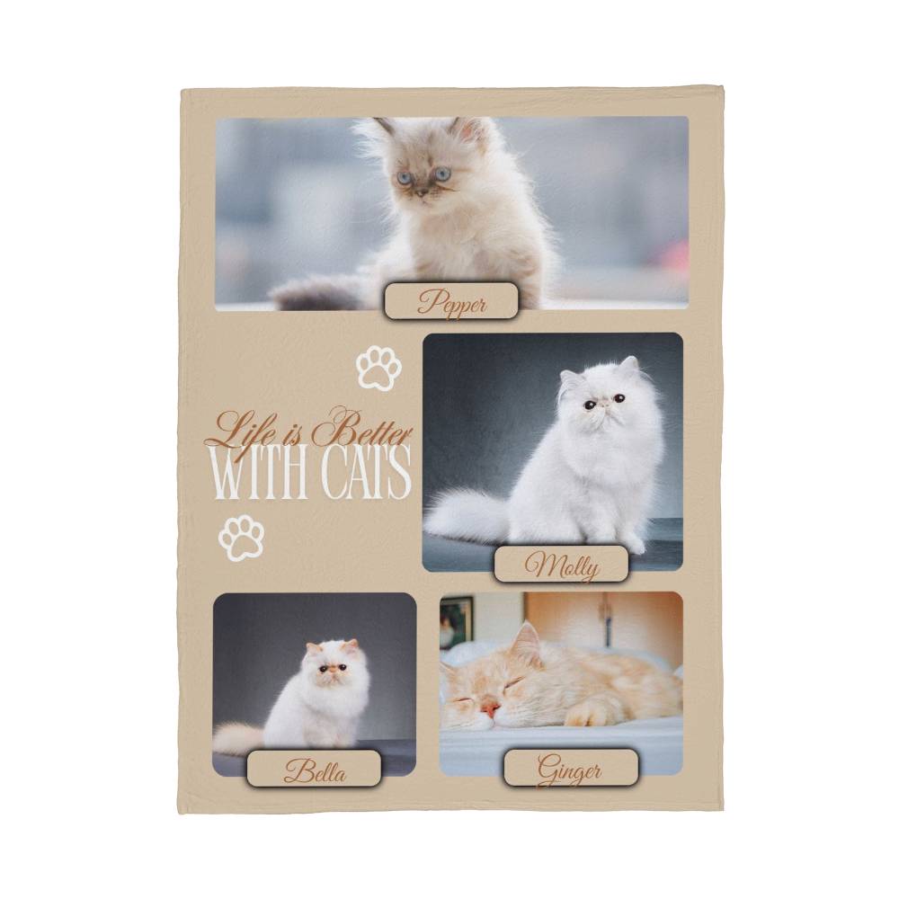 Personalized Multi-Cat Photo Blanket - Custom Cat Collage Fleece Blanket - 2-5 Cats Names & Photos