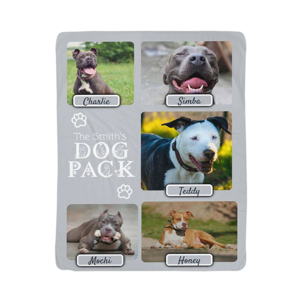 "Dog Pack" Personalized Photo Collage Sherpa Blanket - Multi-Dog Gift