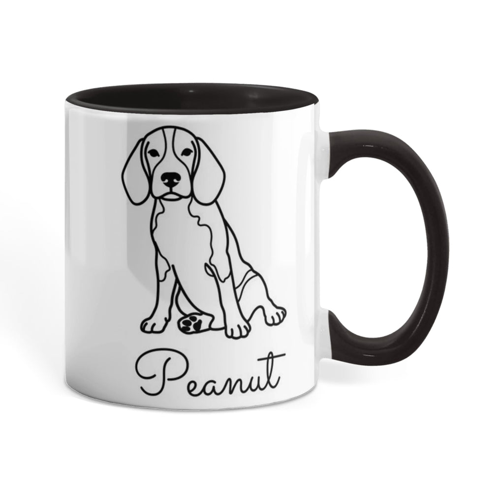 Mug with a black and white dog illustration and the name 'Peanut' on a white background