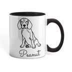 Mug with a black and white dog illustration and the name 'Peanut' on a white background