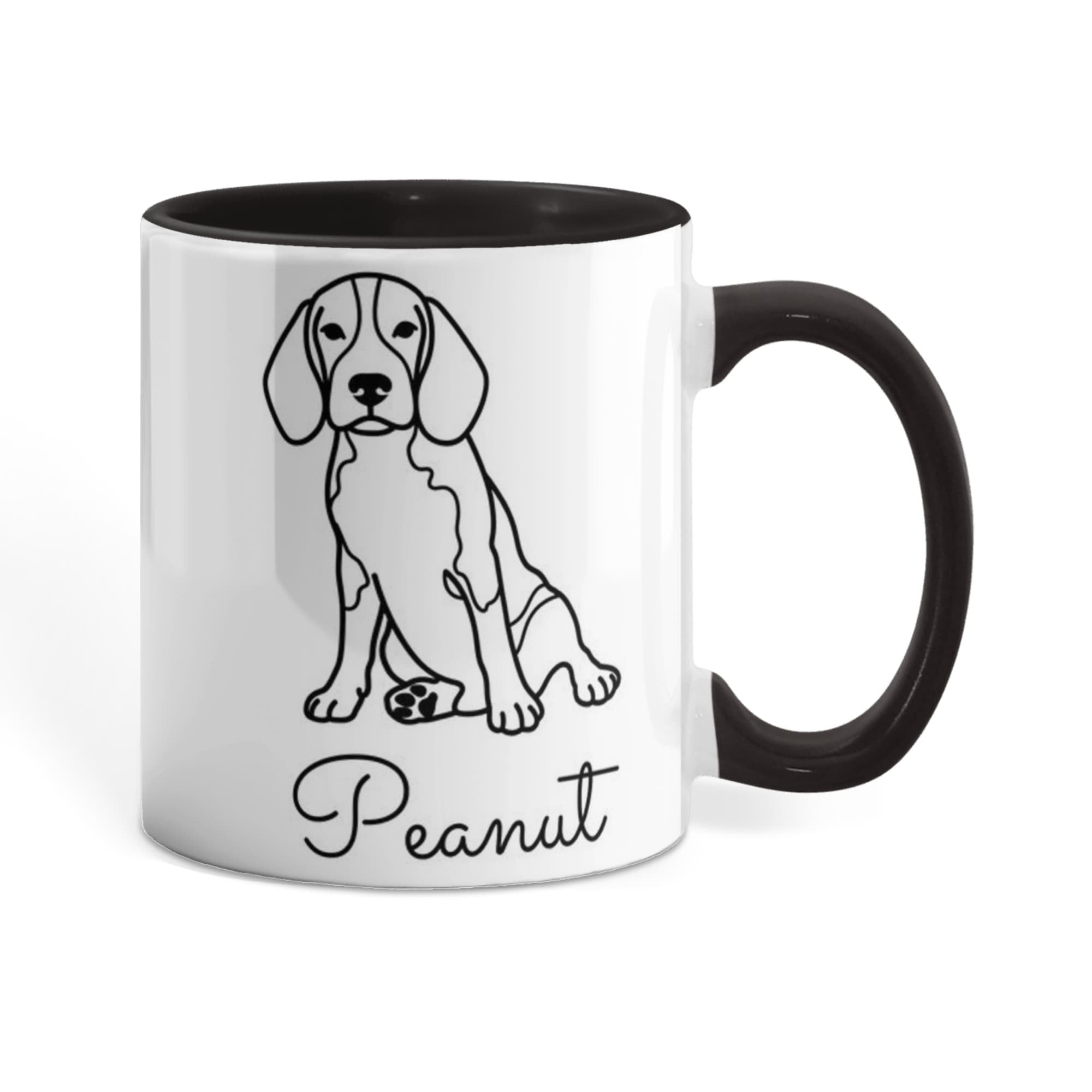 Mug with a black and white dog illustration and the name 'Peanut' on a white background