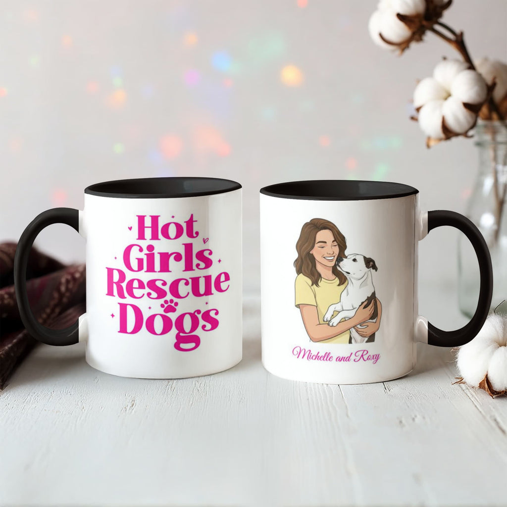 Two mugs with black interior and handle, featuring text and a illustration of a woman holding a dog.