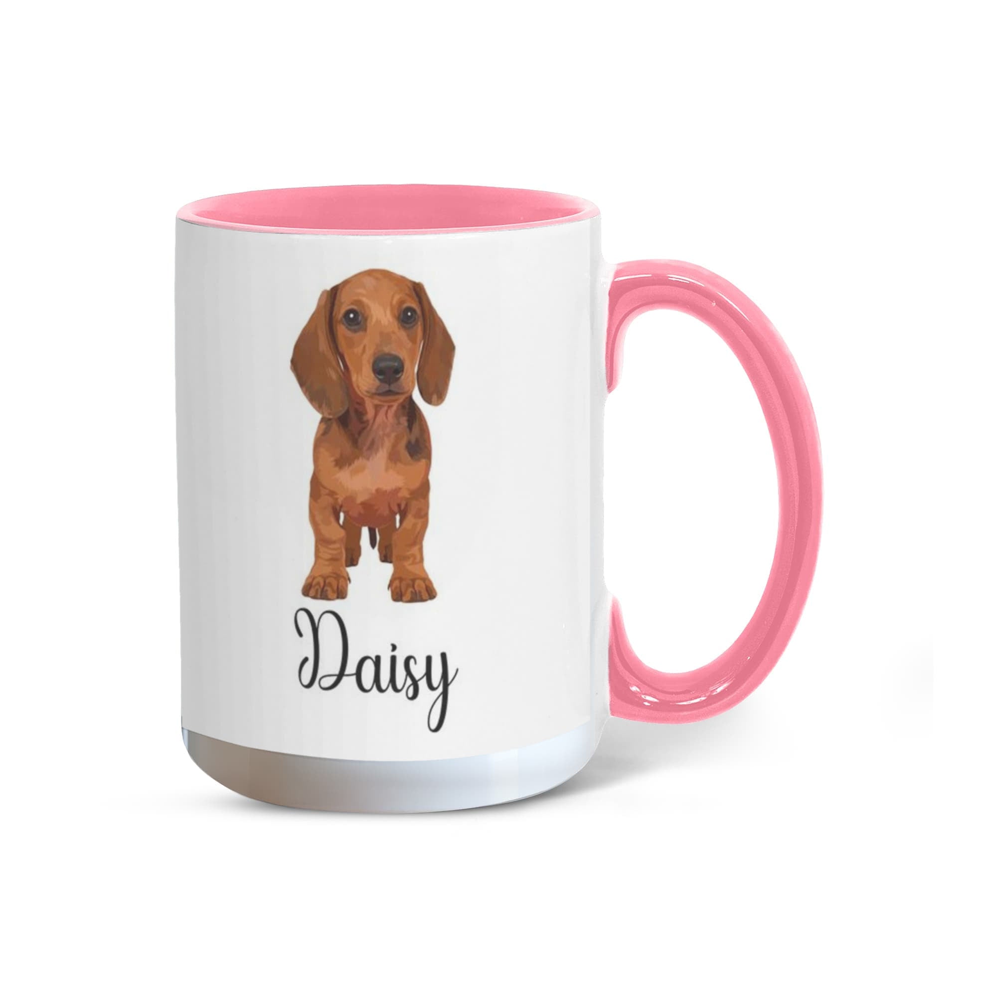 Mug with a dachshund illustration and 'Daisy' text on a white background