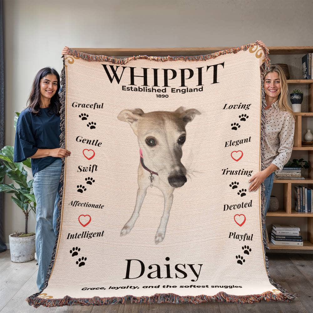 Two people holding a blanket with a whippet design and text. Personalize your Whippit woven blanket with your favorite photo and your dog's name.