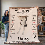 Two people holding a blanket with a whippet design and text. Personalize your Whippit woven blanket with your favorite photo and your dog's name.