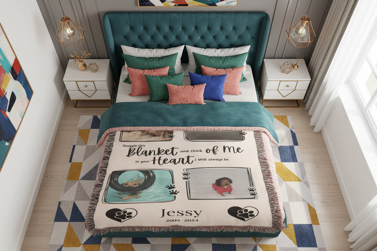 Personalized pet memorial blanket with photos and text on a bed in a room.