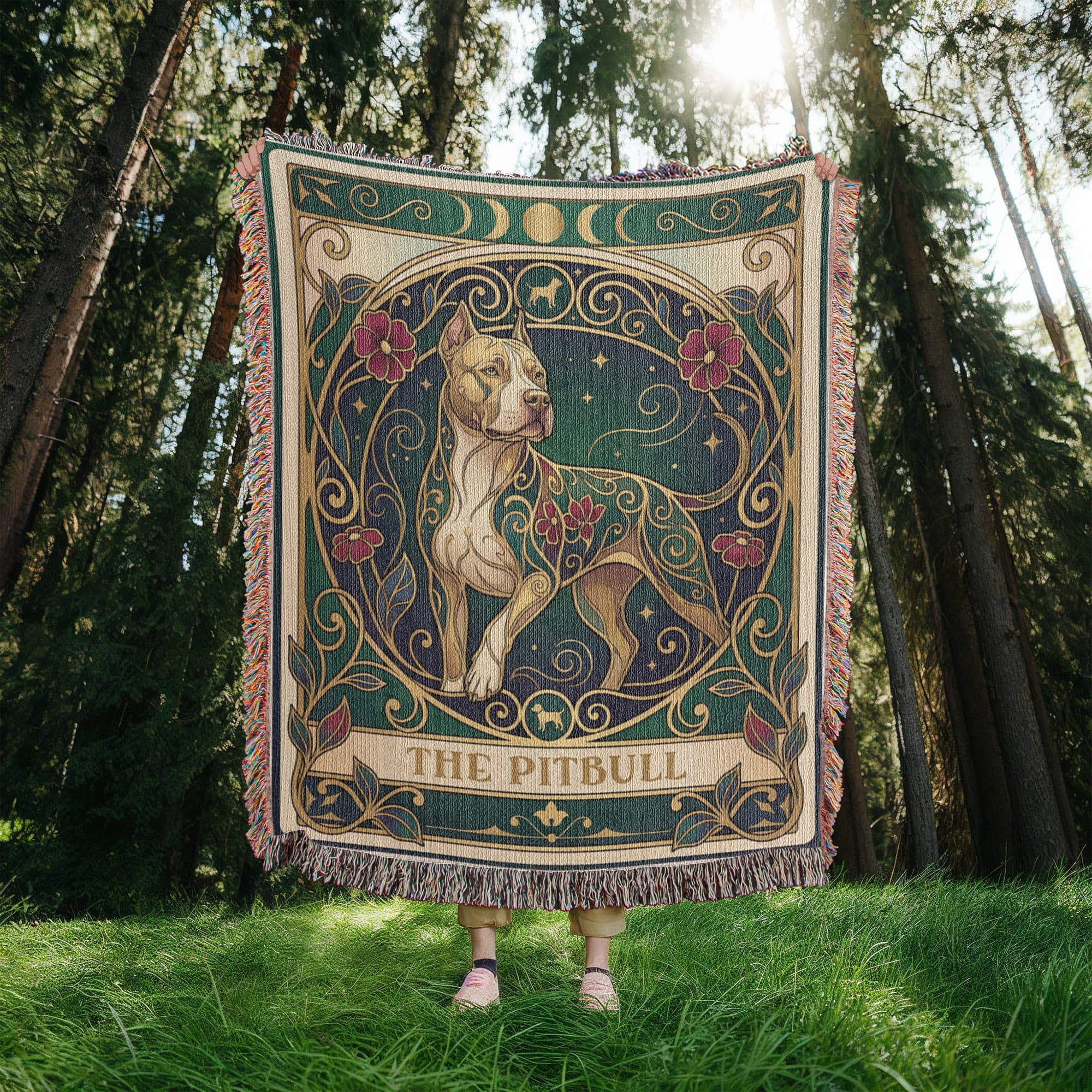 Decorative woven blanket with a pitbull tarot card design held by a person in a forest setting