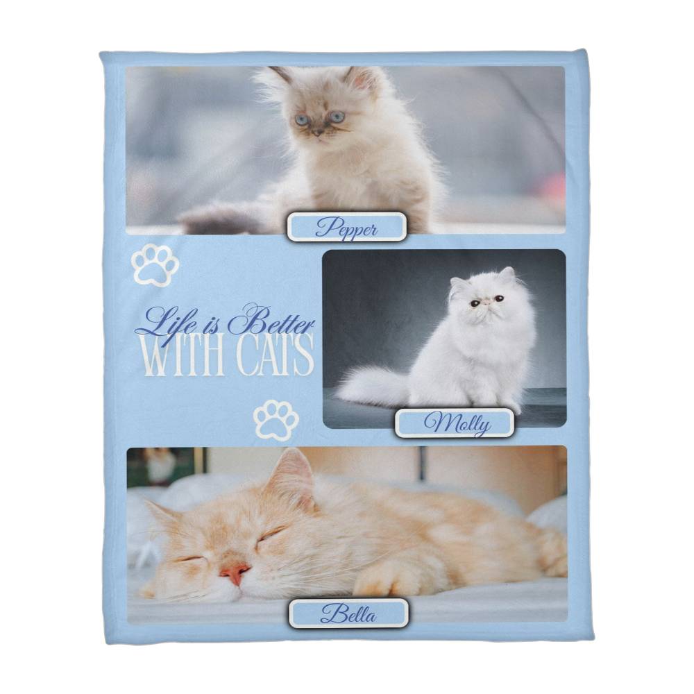 Personalized Multi-Cat Photo Blanket - Custom Cat Collage Fleece Blanket - 2-5 Cats Names & Photos