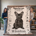 Two people holding a French Bulldog-themed blanket with a dog's name on it.Personalized with your Frenchie's photo and name.