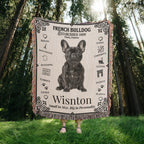 Person holding a French Bulldog-themed blanket with text and graphics in a forest setting.Personalized with your Frenchie's photo and name.