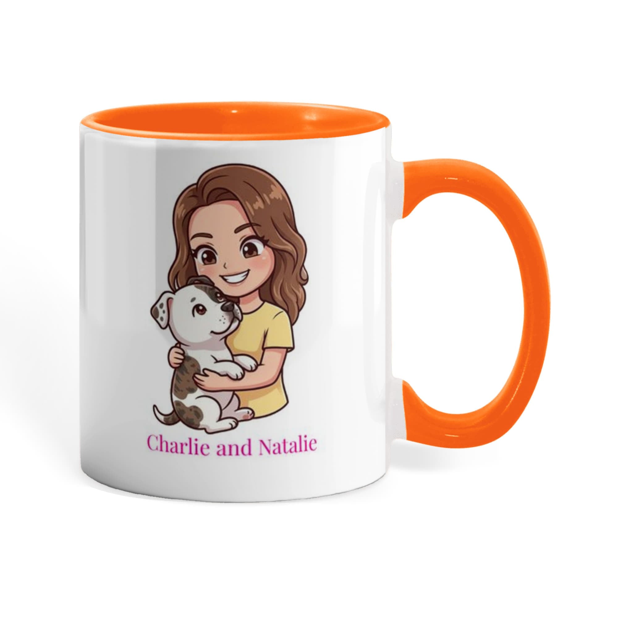 Mug with cartoon character holding a dog and 'Charlie and Natalie' text, orange interior and handle.