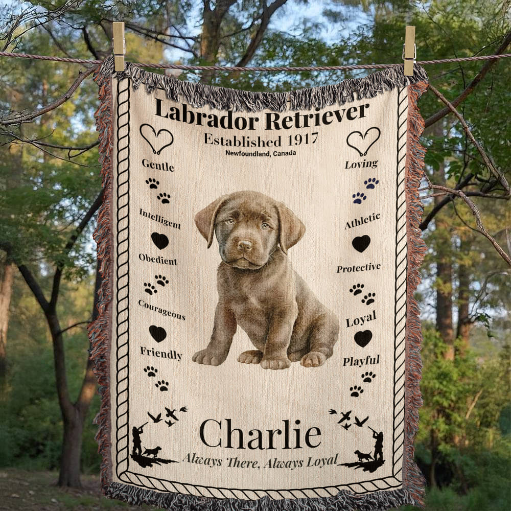 woven Blanket with a Labrador Retriever design and text in a natural setting.Personalized with the name and photo of a Labrador dog.