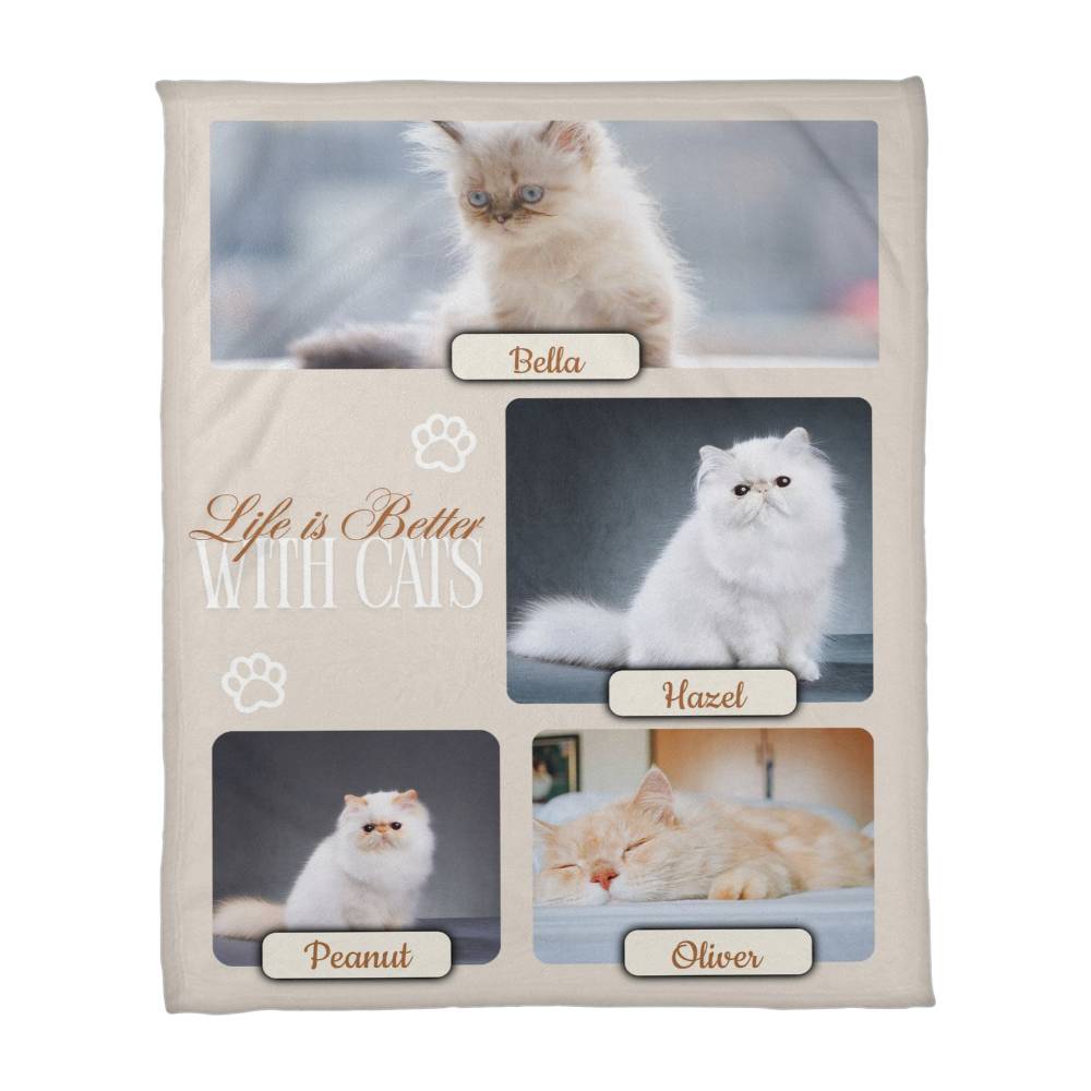 Personalized Multi-Cat Photo Blanket - Custom Cat Collage Fleece Blanket - 2-5 Cats Names & Photos