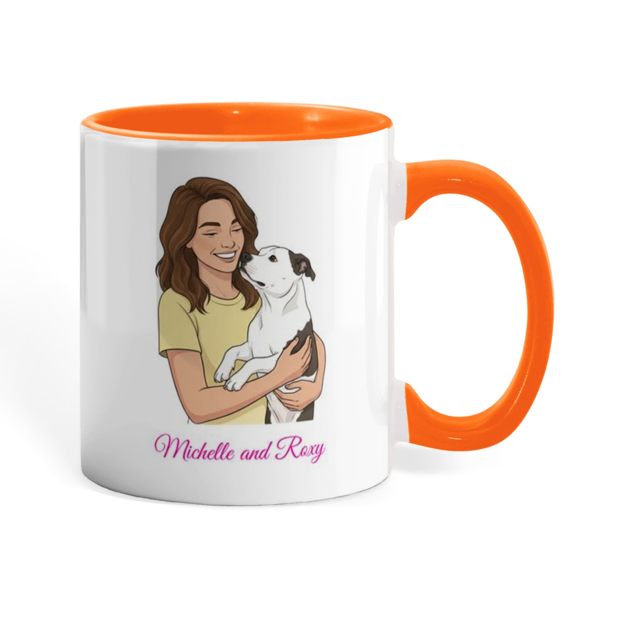 Mug with a design of a woman holding a dog and the text 'Michelle and Rexy' on an orange interior and handle.